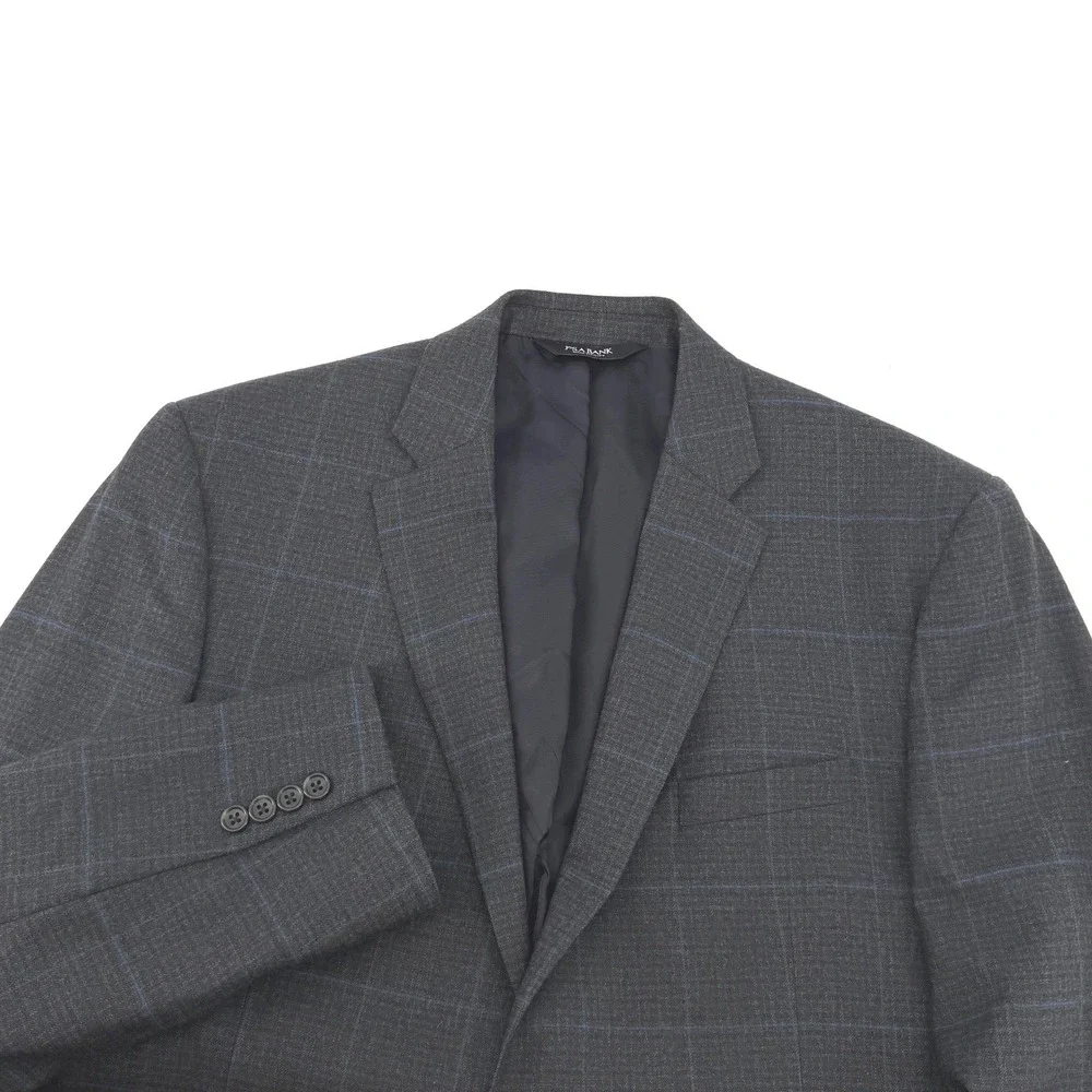 Jos. A. Bank Signature Charcoal Blue Windowpane Plaid 100% Wool Blazer 44 Long